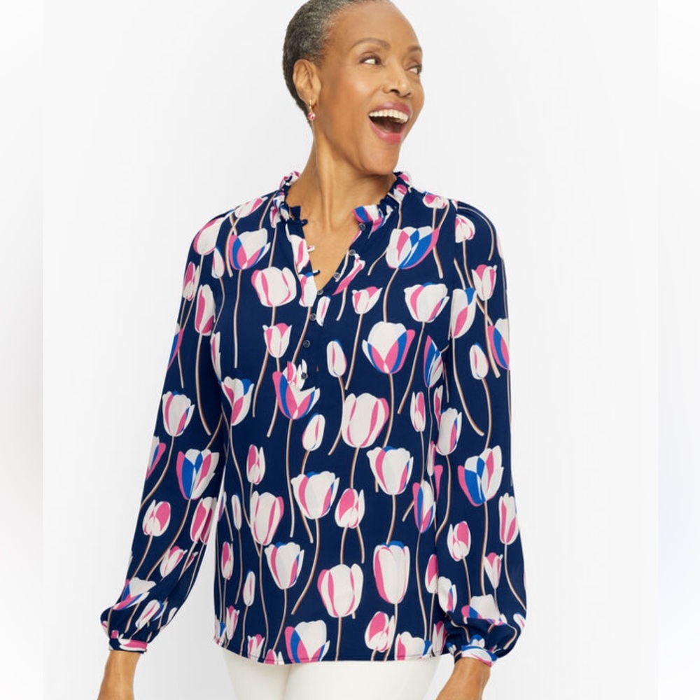 Talbots Navy Blue Tulips Popover Blouse Sz M Long Sleeve Shirt Ruffle Trim Neck